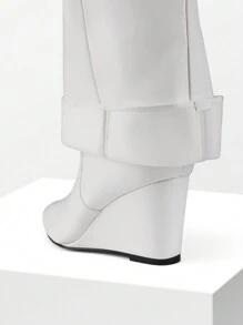 Women's Fold Over Pointed Toe Wedge Heels Knee High Boots  Fashion Padlock Buckle Party Gorgeous Style - White - View 7