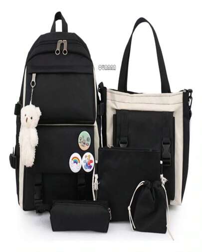 Set 5 Mochila Bolsas Escolar Estudiante Lapicera Tote QUANNA  Lona Kawaii Diseño 5 en 1 Mochila de nailon informales Mochila de viaje para Adolescentes Negro
