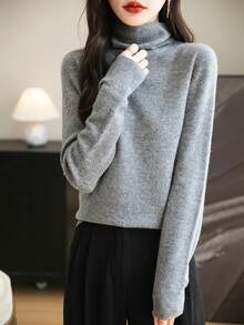 女士无缝毛衣高领一线成衣长袖针织套头衫 - 灰色 - 查看 6