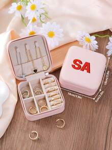 1pc Personalized 2D Initials Jewelry Box,Custom Colored Monogram Portable PU Leather Jewelry Storage Box For Travel,Ideal Gift For Halloween, Christmas, New Year,Young Girls,Mom,Birthday,Bridesmaid