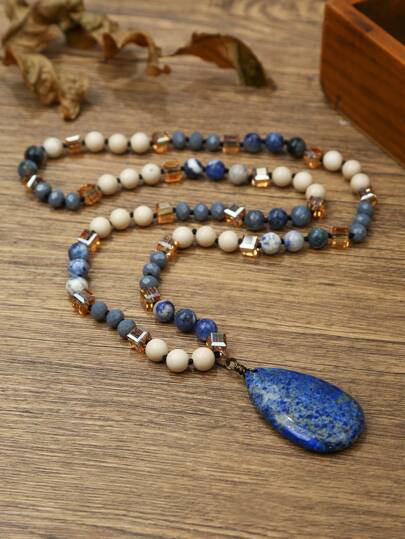 1pc/ Natural Stone Round Bead Glass Knot Necklace Square Crystal Bead Drop Pendant Bead String Handmade Fashion Design Neutral Bohemian Style Sweater Long Necklace, Holiday Party For Friends Fashion Jewelry Gift
