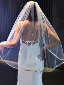 1pc 1m Long Sequin Edge Simple Single Layer Rhinestone Bridal Wedding Veil - Beige - View 3