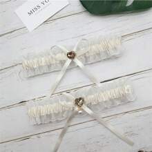 Bridal Heart-Shaped Crystal Tulle Garter Sexy Faux Pearl Sash Ribbon Bow Leg Ring, Wedding Party Accessory - Multicolor - View 14