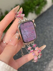 1pc Fashionable Rhinestone Apple Watchstrap Diamond Band, Women's Pink Metal Exquisite Love Pendant Beaded Bracelet With Rhinestones, Ruby Apple Watchband Bracelet With European And American Style, Heart-Shaped Pendant, Compatible With Apple WatchBand 40/41/42/44/45/38/49mm,Ultra2/1 Applies To AppleWatch Se Series 9/8/7/6/5/4/3/2/1series.Compatible With Apple Watch Bracelet.