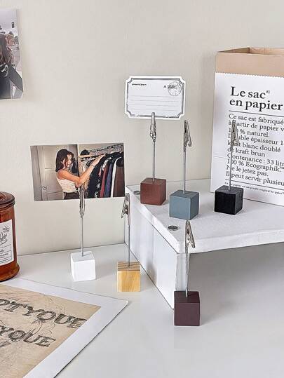 1pc Lightweight Cube Base Memo Clip Retro Color Table Wooden Holder With Alligator Clasp For Displaying Number Cards Name Card Photo Notes Back To School