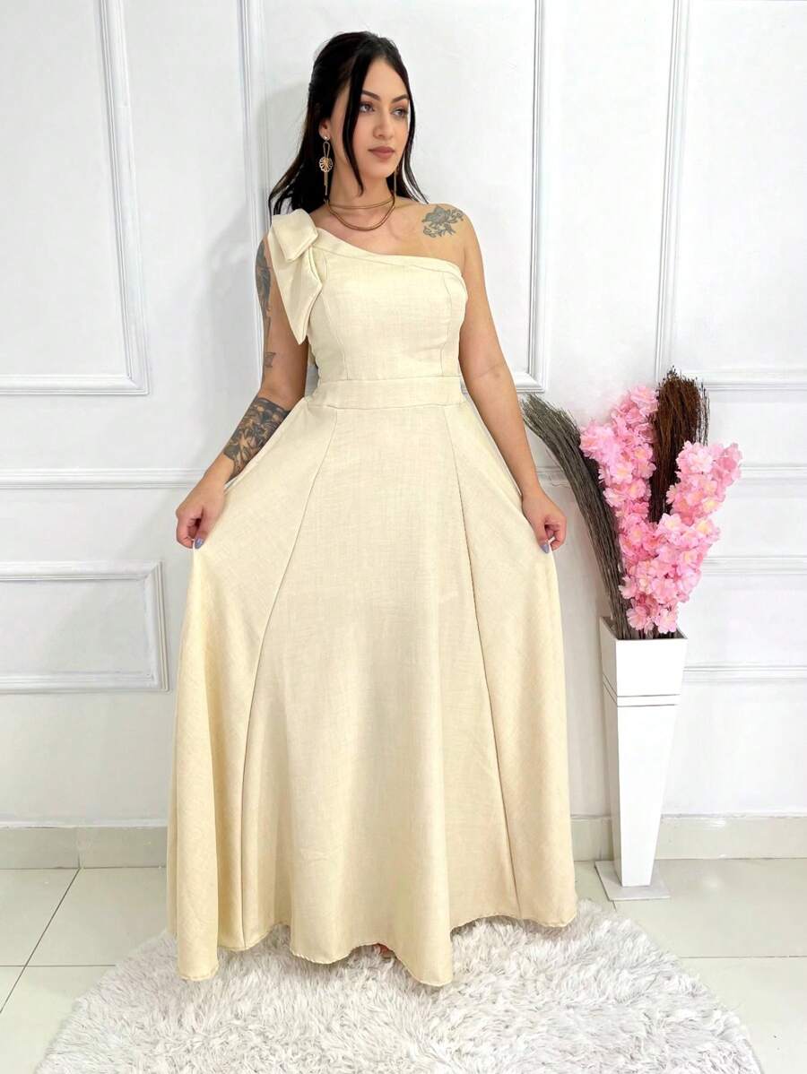 Long Luxury Plain Duna Linen Dress With Bow One Shoulder - Beige - View 1