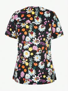 Woman Digital Print Stretchy Nursing Uniform Scrubs Washable Pocket Breathable Scrub Top