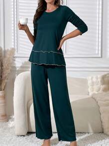 2pcs Women Casual Solid Color Round Neck Long Sleeve Top And Long Pants Pajamas Set, Fall/Winter - Dark Green - View 2