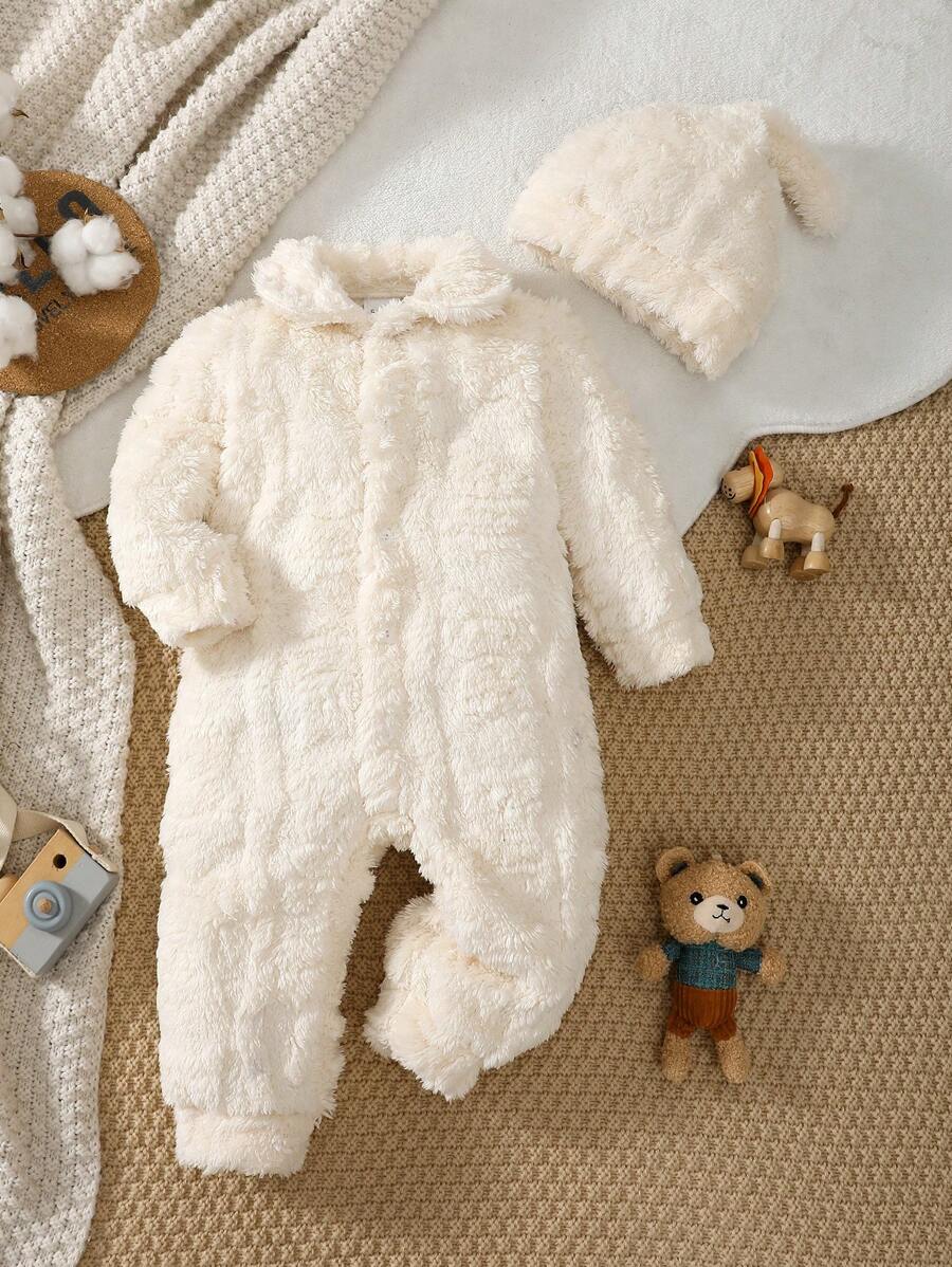 2pcs Baby Boy Solid Color Fleece Jumpsuit & Hat Set - Beige - View 1