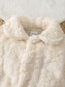 2pcs Baby Boy Solid Color Fleece Jumpsuit & Hat Set - Beige - View 5