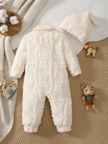 2pcs Baby Boy Solid Color Fleece Jumpsuit & Hat Set - Beige - View 2
