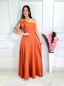 Long Plain Duna Linen Dress With Bow One Shoulder - 亮橙色 - 查看 3
