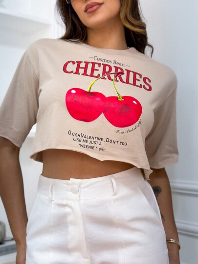 Cropped Top Feminino Cereja Estampado em Algodão