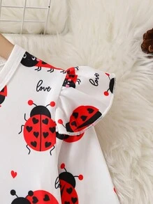 2pcs/Set 4-7 Years Old Girls Spring/Autumn White Milk Silk Full Print Ladybug & Water Print Round Neck Long Sleeve Ruffle Hem Top + Black Casual Printed Leggings Cute Outfit - Red - View 6