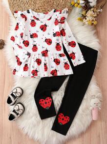 2pcs/Set 4-7 Years Old Girls Spring/Autumn White Milk Silk Full Print Ladybug & Water Print Round Neck Long Sleeve Ruffle Hem Top + Black Casual Printed Leggings Cute Outfit - Red - View 2