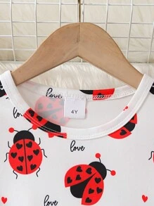 2pcs/Set 4-7 Years Old Girls Spring/Autumn White Milk Silk Full Print Ladybug & Water Print Round Neck Long Sleeve Ruffle Hem Top + Black Casual Printed Leggings Cute Outfit - Red - View 5