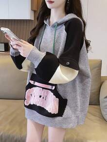 Women's Solid Color Patchwork Long Sleeve Hooded With Pockets & Drawstring, Casual Everyday Wear - Grey - View 10