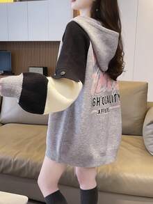 Women's Solid Color Patchwork Long Sleeve Hooded With Pockets & Drawstring, Casual Everyday Wear - Grey - View 4