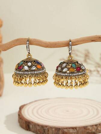 1 Pair Colorful Rhinestone Earrings Bohemian Luxury Rhinestone Earrings, Vintage Oversized Eardrops, Suitable For Women's Daily, Festival, Wedding And Party Wear/Gift