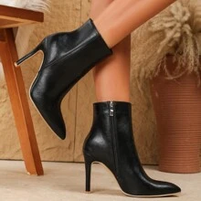 بوت نسائية جديدة بكعب عالي وكعب إبرة من مادة البولي يوريثان البني، بوتات كاحل جذابة وأنيقة بتصميم بسيط للخريف/الشتاء - الأسود - مشاهدة 1