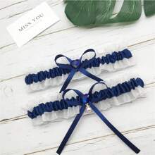 Bridal Heart-Shaped Crystal Tulle Garter Sexy Faux Pearl Sash Ribbon Bow Leg Ring, Wedding Party Accessory - Multicolor - View 9