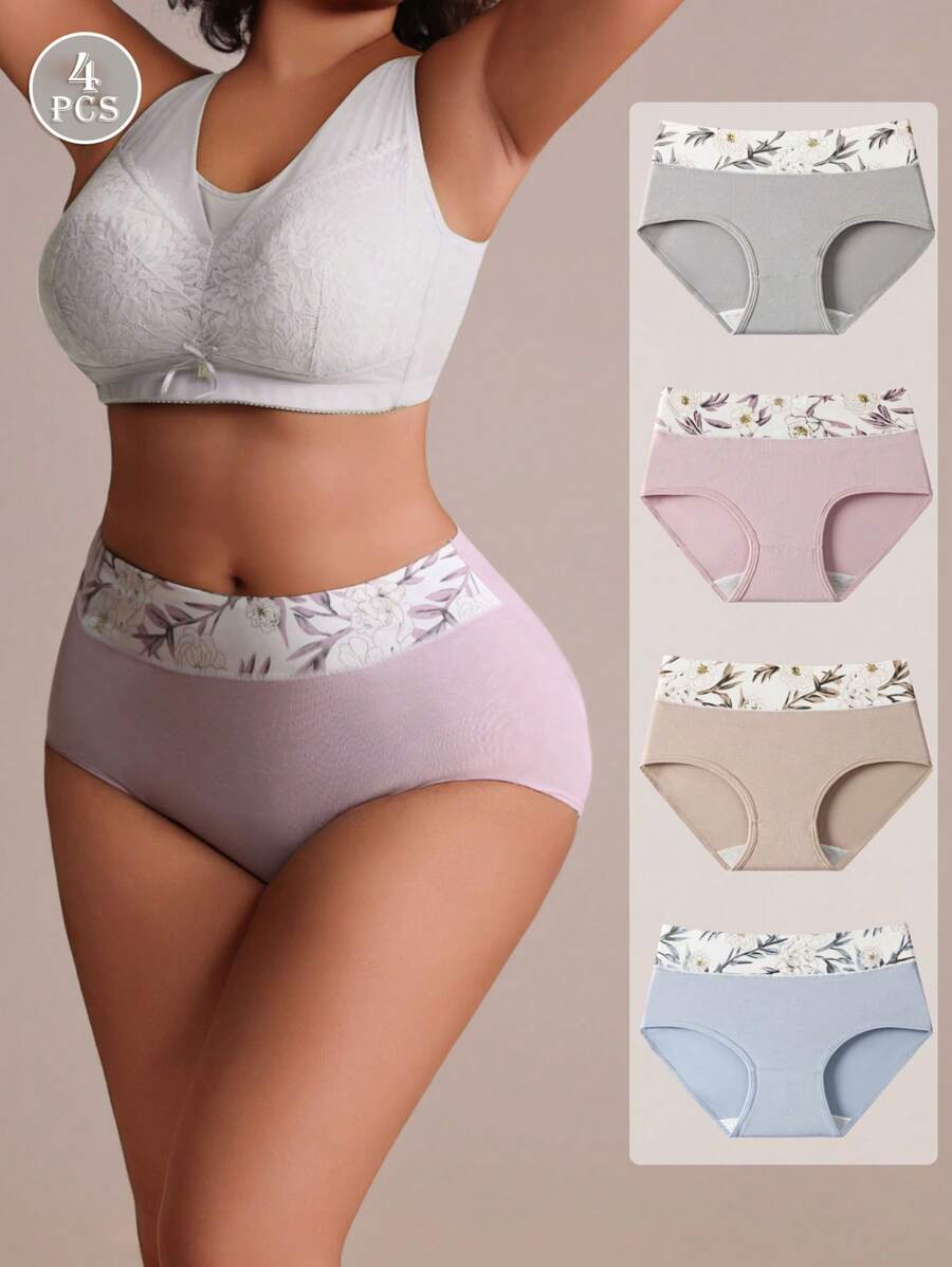 4条装女士高腰纯棉印花内裤，休闲时尚舒适简约三角裤，柔软亲肤