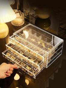 1pc 72 Grid Jewelry Drawer Storage Box, Clear Acrylic Jewelry Organizer For Earrings, Necklaces, Rings, Modern Style, With Dividers, Plastic Lockable Jewelry Box, Suitable For Travel, Desktop, Women's Jewelry Storage, Elegant 72-Slot Jewelry Organizer: Three-Layer Drawer Storage Box, Classified Accessory Stand - Clear And Space-Saving