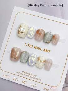 10 件手工制作的猫眼幻彩可穿戴指甲，具有法式优雅、镜面粉末和闪闪发光的钻石般的点缀，饰有彩虹色玻璃珠，营造出芭蕾舞者的优雅气质，[100% 手工制作，图案和装饰具有一定的随机性] 适用于美甲设计日常使用和节日派对礼物，配有女孩美甲用品（显示卡是随机的）按压指甲 - 彩色 - 查看 13