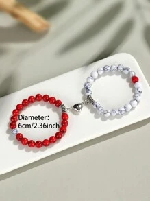 2pcs Classic Heart Magnetic Clasp Bracelet Set, Turquoise Represents Luck & Success, Crystal Energy Stone Bracelet, Friendship/Couple Valentine's Gift, Daily Accessory, 8mm Beads Crystal Bracelet Set - Multicolor - View 24