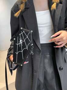 1pc Gothic Spooky Coffin Bag With Spider Web, Halloween Horrible Spider Web Crossbody Bag, Perfect Gift For Women, Happy Halloween, Halloween Purse, Perfect For Fancy Party Halloween Fashion & Gothic Fashion - Multicolor - View 2
