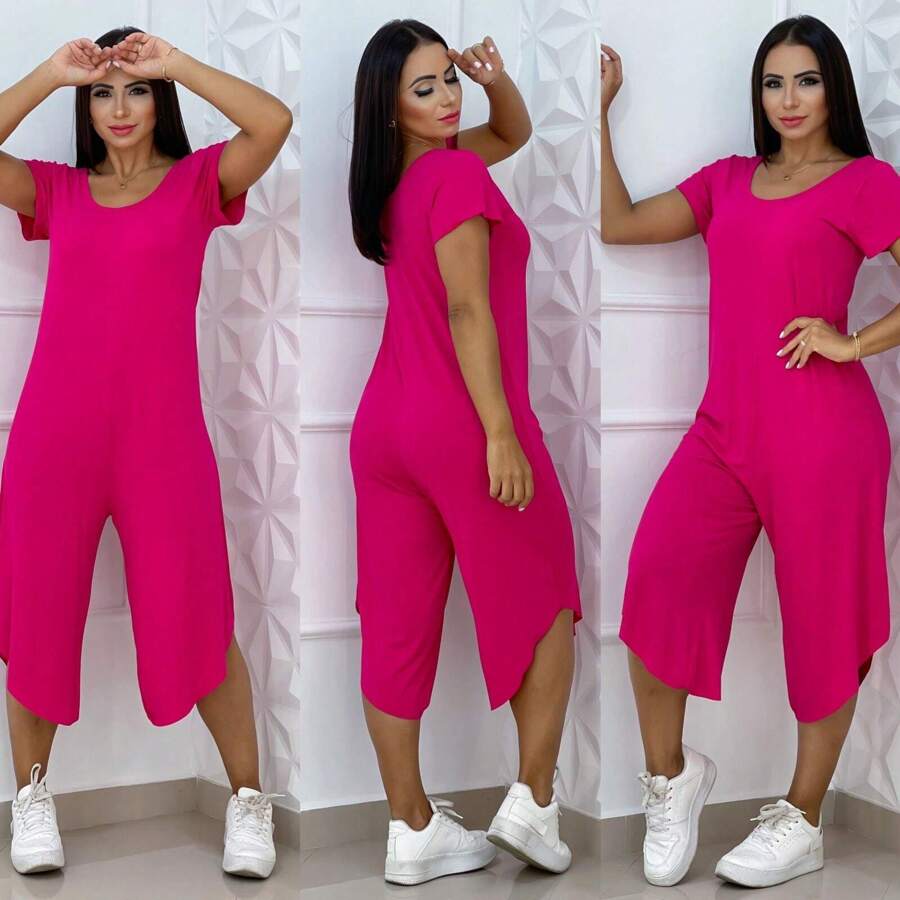 WOMEN'S SHORT SLEEVE PANTACOURT OVERALLS - Màu Hồng Tươi - Xem 1