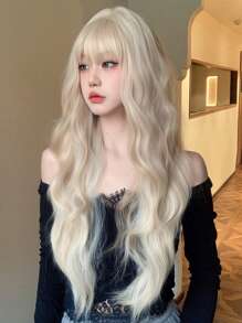 时尚长波浪 28 英寸棕色假发，带刘海。合成头发优雅休闲耐热派对日常使用圣诞节 - 挑染金色 - 查看 2