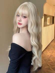 时尚长波浪 28 英寸棕色假发，带刘海。合成头发优雅休闲耐热派对日常使用圣诞节 - 挑染金色 - 查看 3