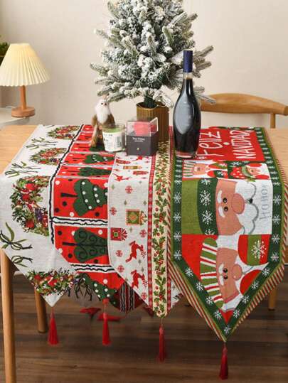 1 件，奢华圣诞针织桌旗，带流苏、圣诞老人和驯鹿图案、不对称形状、圣诞节节日派对桌面装饰、家庭客厅装饰、圣诞氛围用品、独特礼物