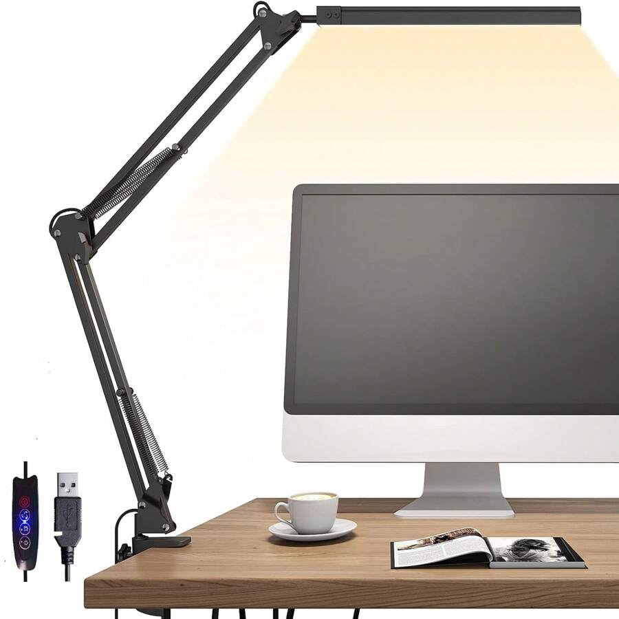 POPSKEETER 1100LM Output LED Professional Workbench Lamp, Metal Cantilever Design Shock-Resistant Suitable For Complex Work Environments, Lamp Arm Can Extend Up To 70cm, Foldable To 40cm Height, Clamp Can Be Fixed On Horizontal And Vertical Workbenches, 270-Degree Rotatable LED Light, Special Eye-Protection Design