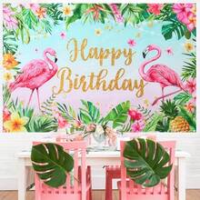 1pc Hawaiian Birthday Backdrop, Tropical Hibiscus Flower & Flamingo Pattern, Beach Party Decor Banner Background - Multicolor - View 7