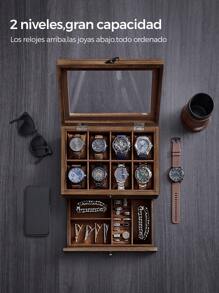 SONGMICS Caja de Relojes con 8 Ranuras, Estuche de Relojes de Madera de 2 Niveles con Tapa de Cristal, Almohadillas, Forro de Terciopelo, Regalo de Seres Queridos, Nogal Rústico - Marrón - Ver 5