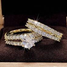 2 件/套女士奢华订婚戒指套装，金色合金，镶嵌方晶锆石，适合日常佩戴、派对、情人节、生日礼物情人节、妈妈、母亲、母亲节、礼物 - 金色 - 查看 9
