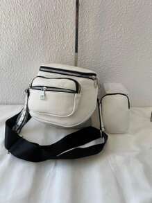 Women's Bag Kit With A Coin Purse Crossbody Bag Large Stylish Modern Blogger With Wide Strap In Pure Black - White - View 2