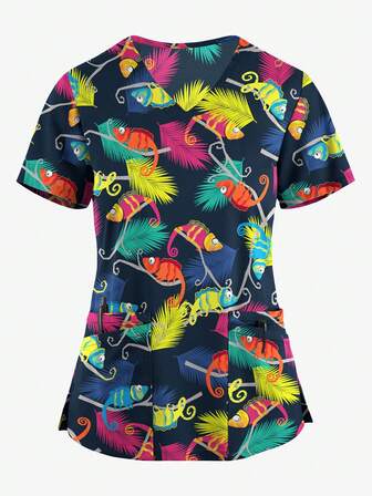 Women's Digital Print Elastic Sports Nurse Uniform Scrubs, Breathable Surgical Gown With Pockets