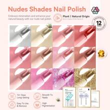 Saviland Nail Polish Set Quick-Drying 12 Colors Pastel Nail Polish Non-Gel Castor Oil Regular Glitter Finger Nail Polish Set With Base Coat Top Coat French Manicure Art 10ml - 淺粉色 - 查看 2