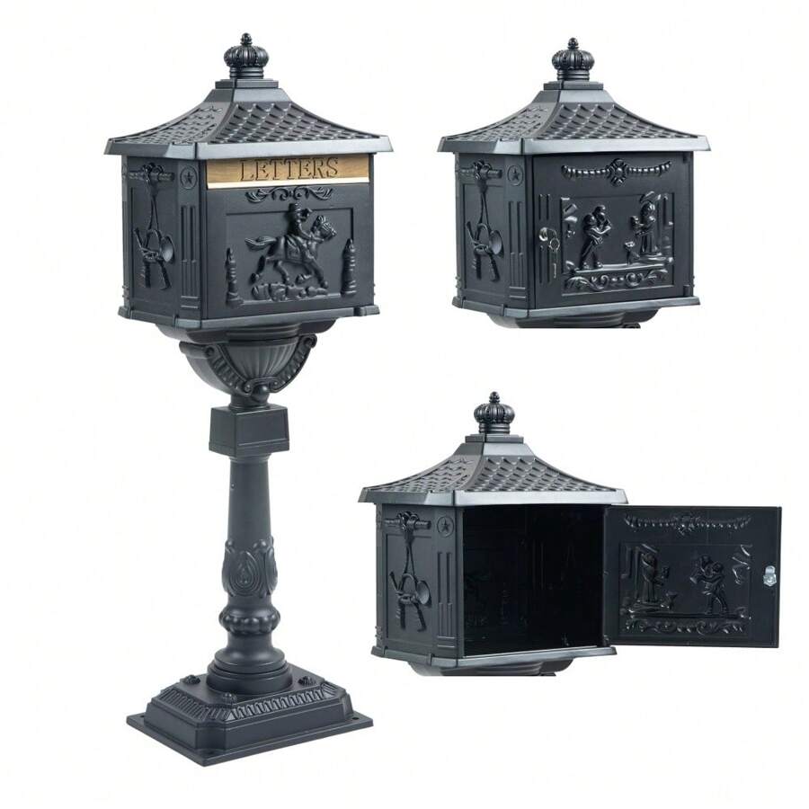 Vintage Mailbox Cast Aluminum Black Mail Box Postal Box Security Heavy Duty - Black - View 1