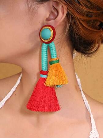 1 Pair Bohemian Style Tassel Pendant Earrings, Multi-Color Dangle Earrings For Daily Wear & Occasions