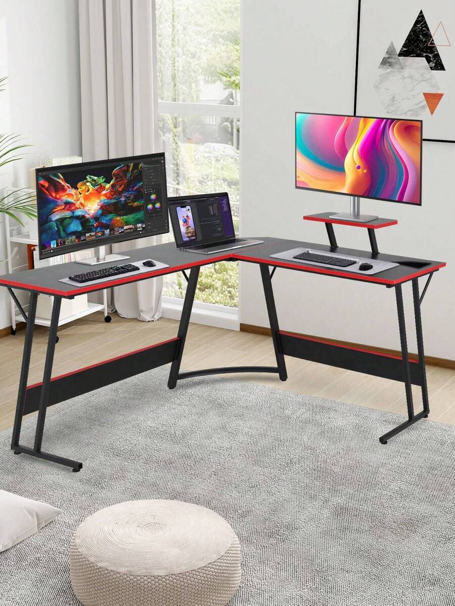 Corner Computer Desk,L Shaped Desk,Gaming Desk With Large Monitor Stand & Carbon Fiber Surface, Home Office Study Writing Workstation,Space-Saving - màu đen - Xem 1