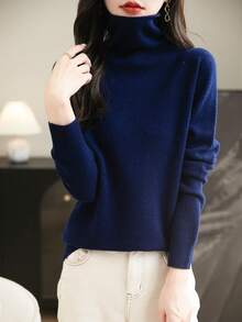 Women's  Seamless Sweater Turtleneck First-Line Ready To Wear Long Sleeve Knitted Pullover Tops - Navy Blue - View 4