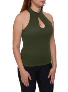 High Neck Ribbed Drop Neck Tank Top - Army Green - View 3