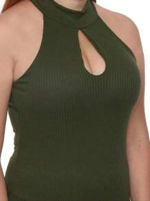 High Neck Ribbed Drop Neck Tank Top - Army Green - View 2