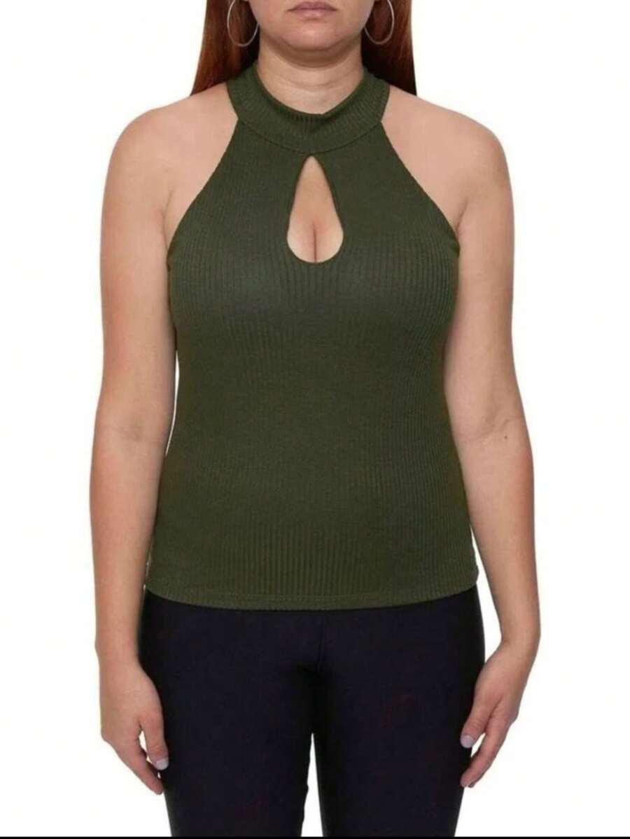 High Neck Ribbed Drop Neck Tank Top - Army Green - View 1