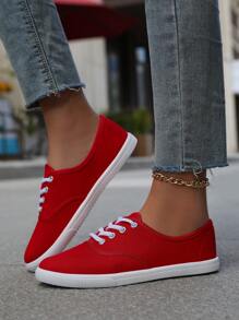 Women's Solid Color Canvas Flat Shoes, Round Toe Lace-Up Breathable Anti-Slip Shoes, Classic Canvas Sneakers, Solid Color Low-Cut Casual Shoes, Comfortable Women's Footwear, Athletic Shoes, Outdoor Shoes