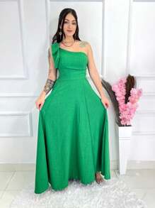 Long Plain Duna Linen Dress With Bow One Shoulder - Green - View 1